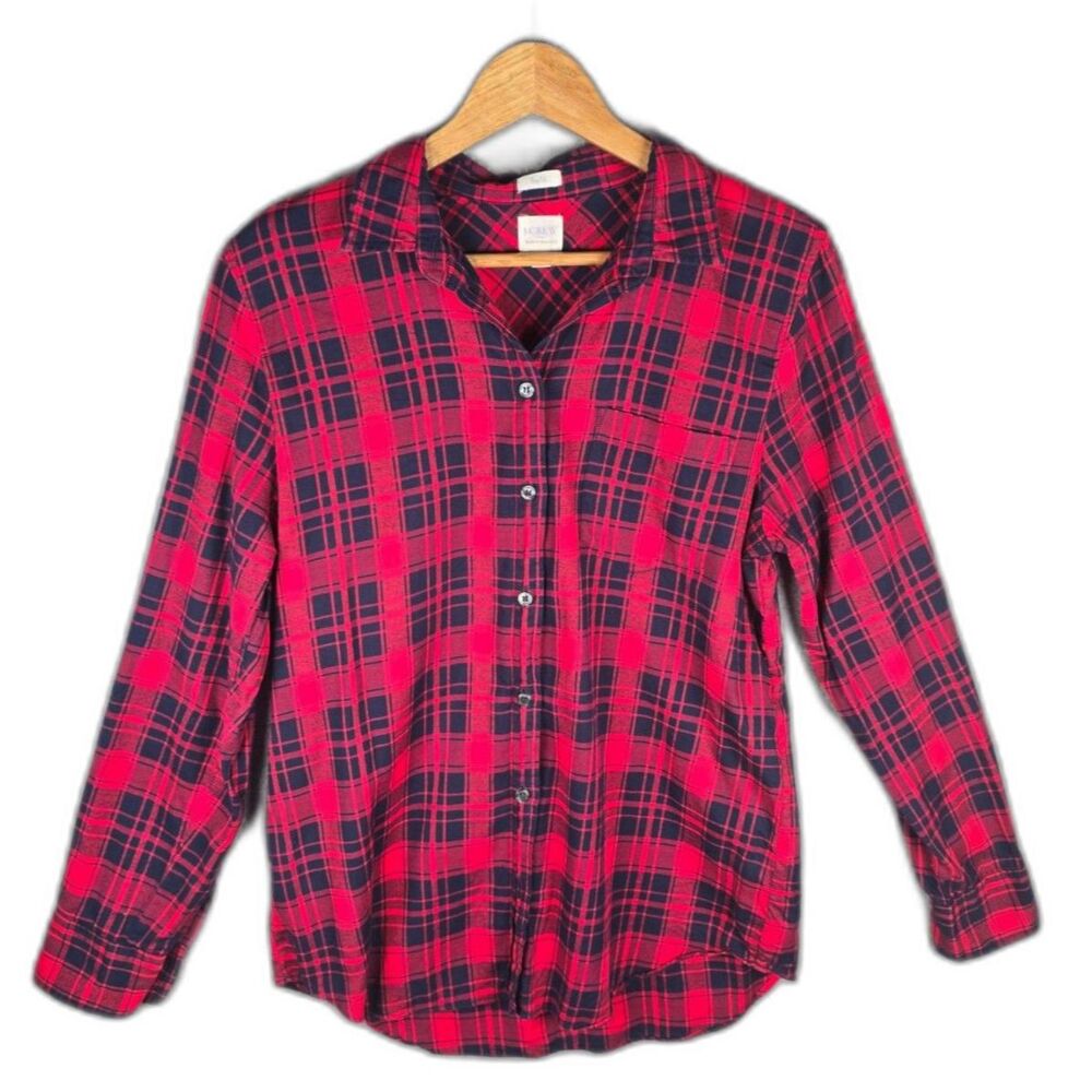 J Crew Boy Fit Plaid Flannel Button Down Shirt Red Navy Medium Preppy Cotton